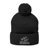 Embroidered Pom-Pom Beanie — "Shut Up Recording" Knit Cap