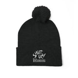 Embroidered Pom-Pom Beanie — "Shut Up Recording" Knit Cap