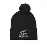 Embroidered Pom-Pom Beanie — "Shut Up Recording" Knit Cap