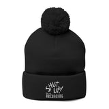 Embroidered Pom-Pom Beanie — "Shut Up Recording" Knit Cap