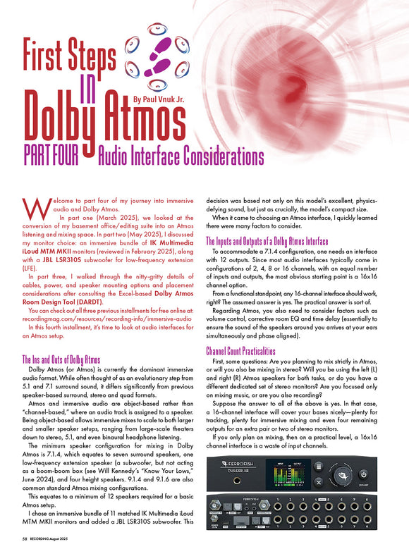 First Steps in Dolby Atmos: Part Four — Audio Interface Considerations