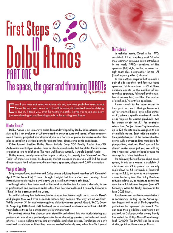 First Steps in Dolby Atmos: Part One — The space, the gear and throwing DARDTs