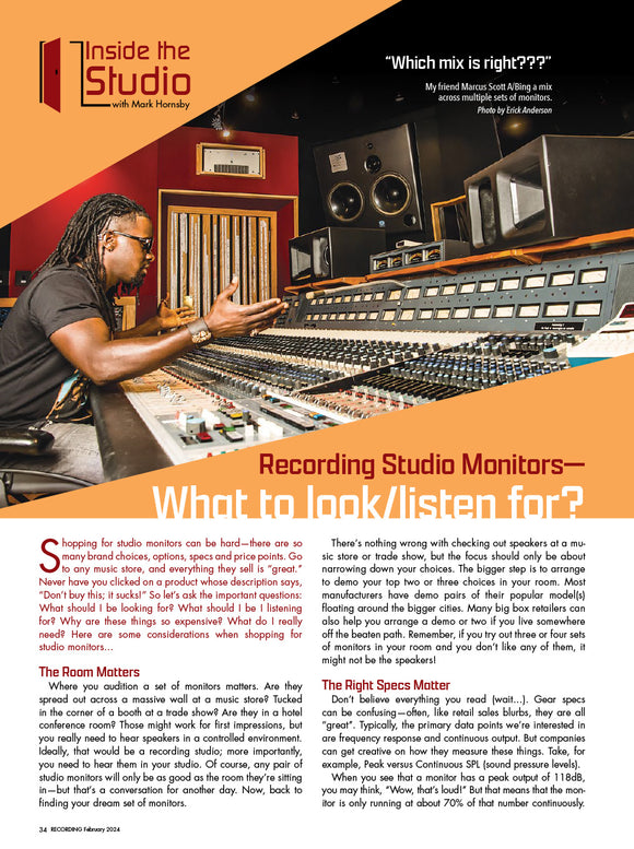 Inside the Studio – Recording Studio Monitors—What to look/listen for?
