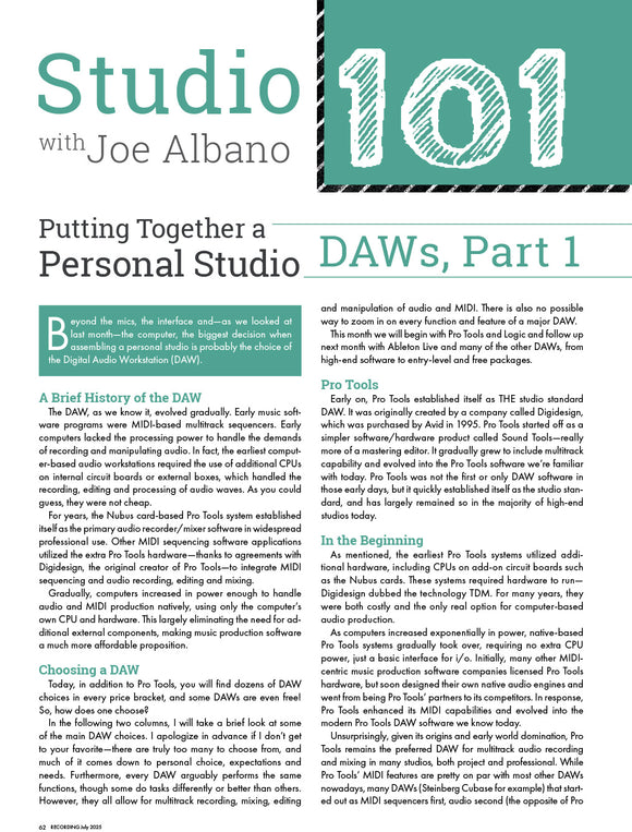 Studio 101 – Putting Together a  Personal Studio: DAWs, Part 1